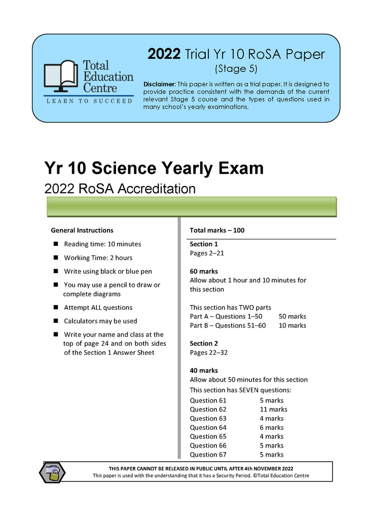 2022 RoSA Year 10 Science exam