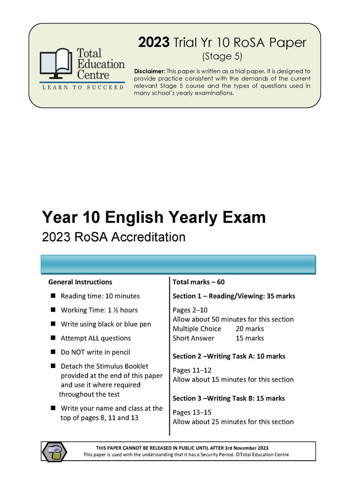 2023 Year 10 RoSA English Examination
