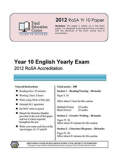 2012 Year 10 RoSA English Examination