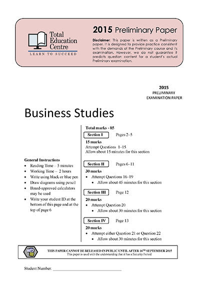 2015 Trial Prelim (Yr 11) Business Studies
