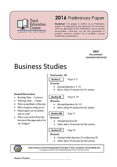 2016 Trial Prelim (Yr 11) Business Studies