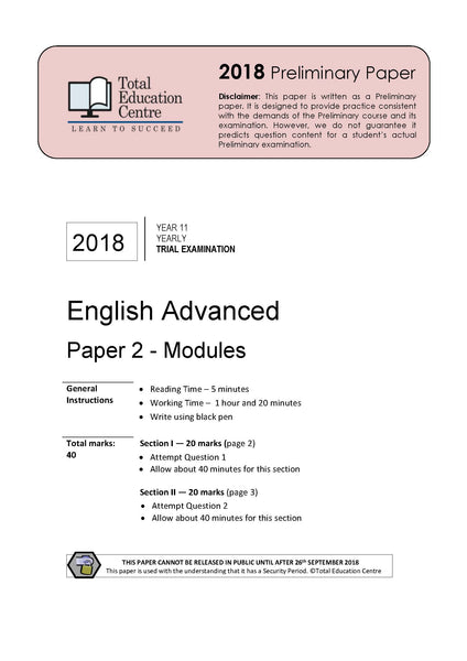 2018 English Advanced Year 11 - Paper 2 Modules