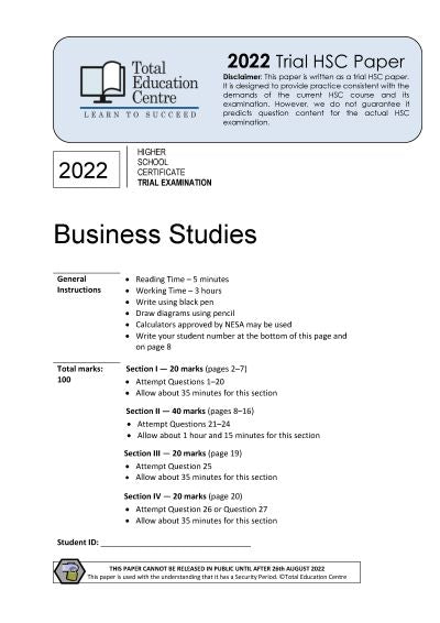2022 Trial HSC Business Studies