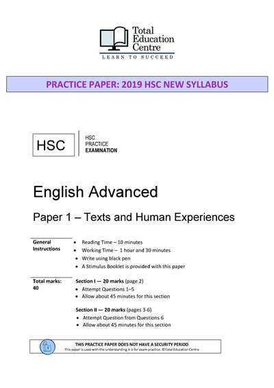 Practice HSC English ADVANCED Paper 1: Texts and Human Experiences