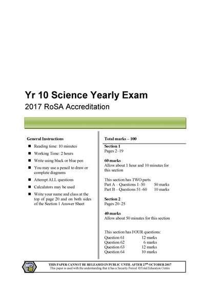 2017 RoSA Year 10 Science exam