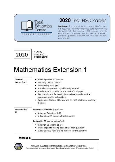 2020 Trial HSC Ext 1 Mathematics