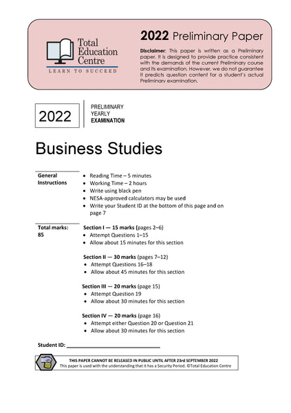 2022 Preliminary (Yr 11) Business Studies