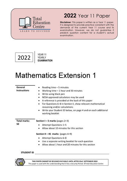 2022 Year 11 Extension 1 Mathematics