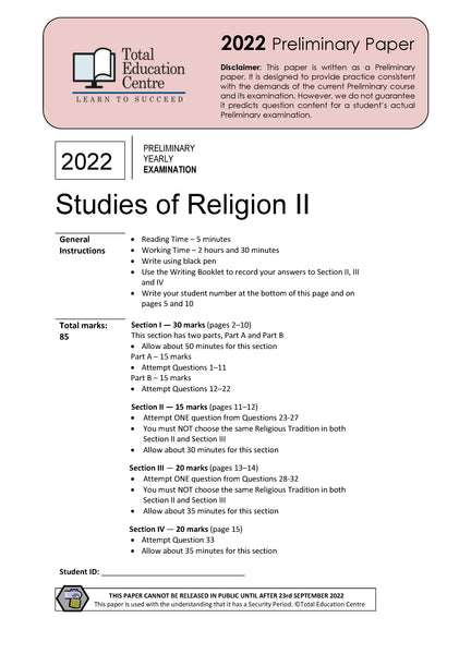 2022 Preliminary (Yr 11) Studies of Religion II